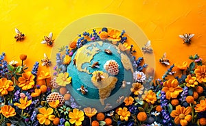 Bees around a floral globe, symbolizing global biodiversity and the essential role of pollinators in our ecosystem. May 20, World photo