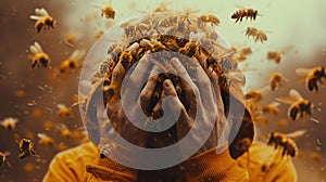 bees attack a person. a swarm of bees surrounded man's head. the man clasped his head in his hands. Panic attack