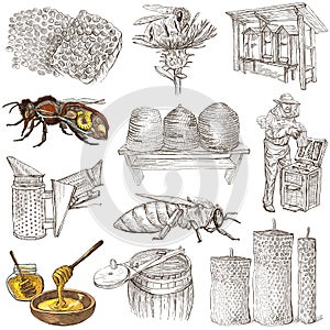 Bees, beekeeping and honey - hand drawn illustrations