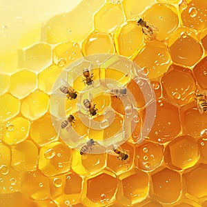 bees busy on honey cells, industrious teamwork Close up