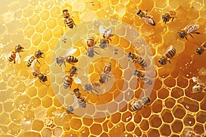 bees busy on honey cells, industrious teamwork Close up