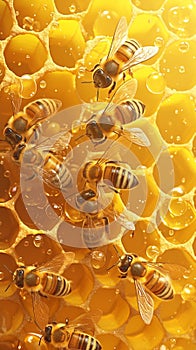 bees busy on honey cells, industrious teamwork Close up photo
