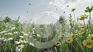 Bees buzz vibrantly among a diverse array of wildflowers, painting a picture of a healthy, flourishing ecosystem