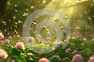 Bees buzzing around a blooming clover field, Bees buzzing around a field of blooming clover photo