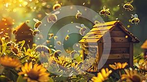 Bees buzzing around a hive amidst vibrant flowers. Beehive in a sunlit floral meadow. Concept of pollination