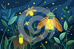 Bees buzzing around a lantern in the dark night, illuminated by its warm light, Fireflies Customizable Flat Illustration