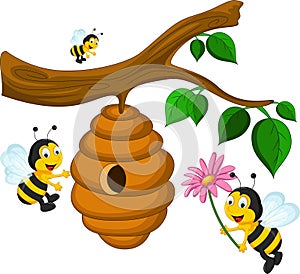 Bees cartoon holding flower and a beehive