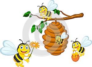 Bees cartoon holding flower and a beehive