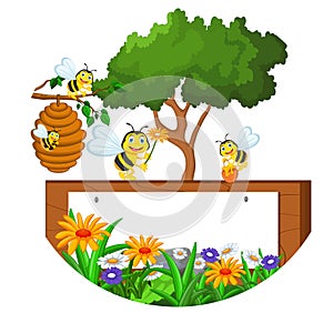 Bees cartoon holding flower and a beehive with blank sign