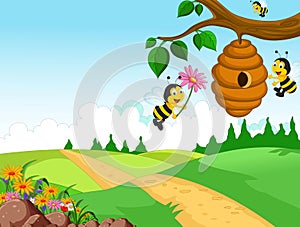 Bees cartoon holding flower and a beehive with forest background