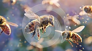 The bees in close-up flight.AI generated image