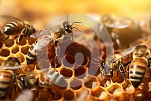 Bees in close-up in honeycomb with honey