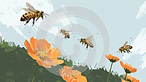 Bees flit around vibrant orange flowers under a serene sky, in a celebration of pollination and spring's arrival photo
