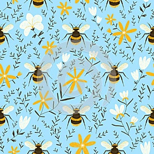 Bees and flowers, floral seamless pattern illustration