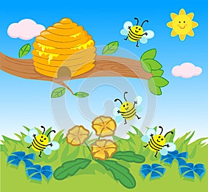 Bees and flowers on grass vector for kids