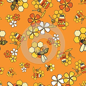 Bees and flowers and honeycomb seamless pattern Vector on orange background.