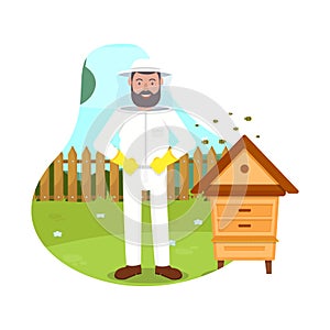 Bees Fly near Beekeeper. Beehive in Apiary. Vector