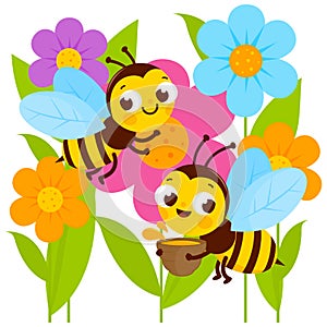 Bees flying around flowers. Cute cartoon bees and bugs in the garden in springtime. Vector illustration
