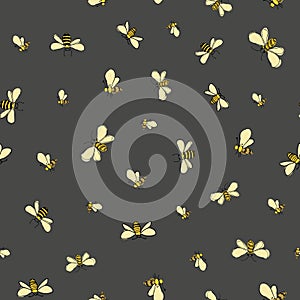 Bees flying around on gray background seamless vector pattern