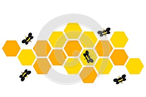 Bees flying around honeycomb logo design on white