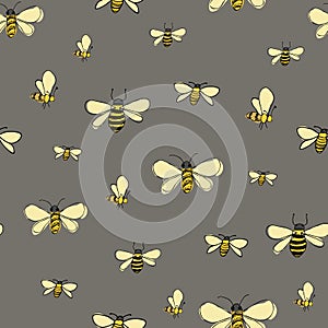 Bees flying around on light gray background seamless vector pattern