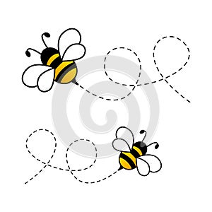 Bees flying on dotted route. Cute bumblebee characters.