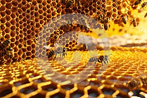 Bees flying in hive over honeycomb with honey