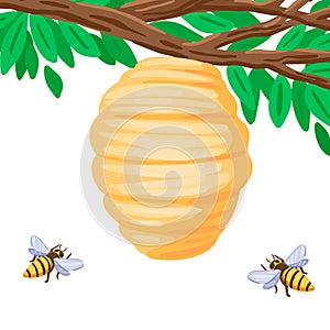 Bees are flying to the hive on a tree branch. Vector illustration