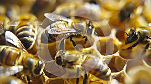 Bees are gathered on a honeycomb