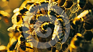 Bees are gathered on a honeycomb