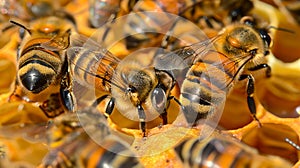 Bees are gathered on a honeycomb