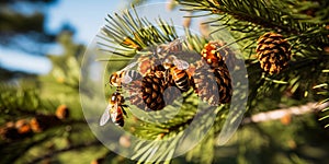 Bees gathering pine honey. Honeydew honey background with pine cones and pine twigs