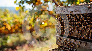Bees on a hive with a fruit orchard and clear sky in the background, close-up shot