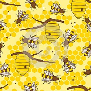 Bees, hives and honeycombs, colorful seamless pattern. Decorative background with insects