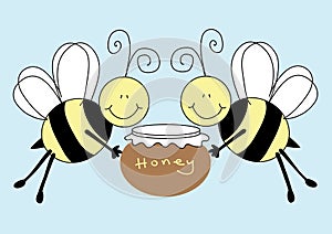 Bees holding a pot of honey