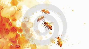 Bees and honeycomb with watercolor effect. Swarm of bees on artistic background. Concept of pollination, honey
