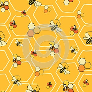 Bees and honeycombs seamless pattern Vector on yellow honeycomb background.