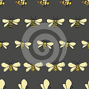 Bees line up on gray background seamless vector pattern