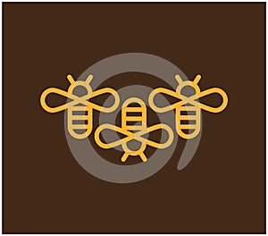 Bees linear drawing on brown background. Honey comb