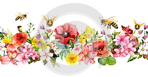 Bees in meadow flowers, summer grasses, wild leaves. Repeating floral horizontal border. Watercolor