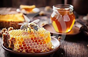 Bees near a brown pot of honey, honeycomb on a plate, concept for \