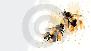 Bees painted in the elegant ink wash technique set against a soft white and golden splash backdrop, merging traditional