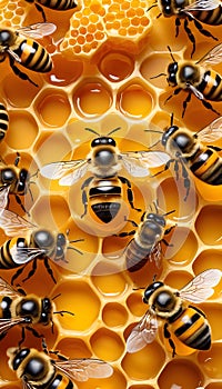 Bees perched atop a honeycomb in the Beehive, working as pollinators of nature