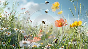 Bees Pollinating Colorful Wildflowers in Sunlit Meadow