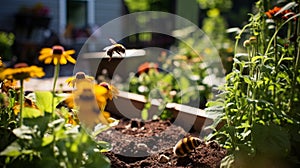 Bees Pollinating in a Vibrant Garden. Bees busy at work pollinating purple flowers in a lush garden, showcasing the