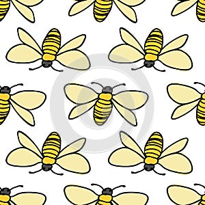 Bees in a row seamless vector repeat on white background