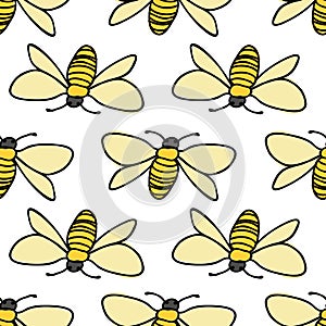 Bees in a row seamless vector repeat on white background