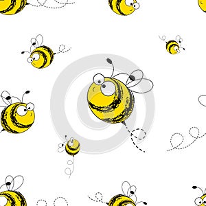 Bees seamless pattern. Vector illustration. Image of flying bees. Funny bees on a white background.