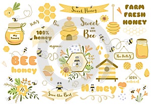 Bees set honey clipart Hand drawn bee honey elements Hive honeycomb pot beekeeping Text phrases illustrartion