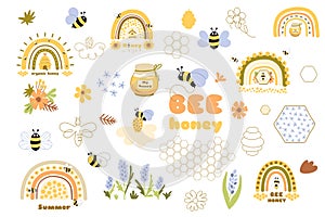 Bees set honey clipart Hand drawn bee honey elements, one line drawing illustrations